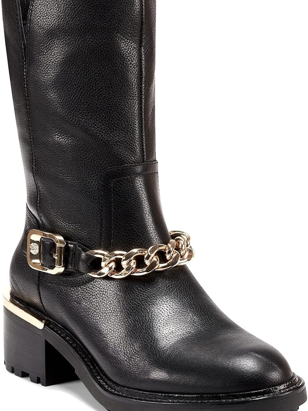 Vince Camuto Keshilla moto chain buckle black leather lug sole boots like new 9